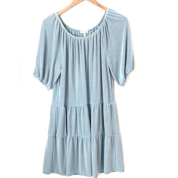 NWOT AVLN Studio Metallic Light Blue Tiered Baby Doll Dress Women Size Small - Picture 1 of 10